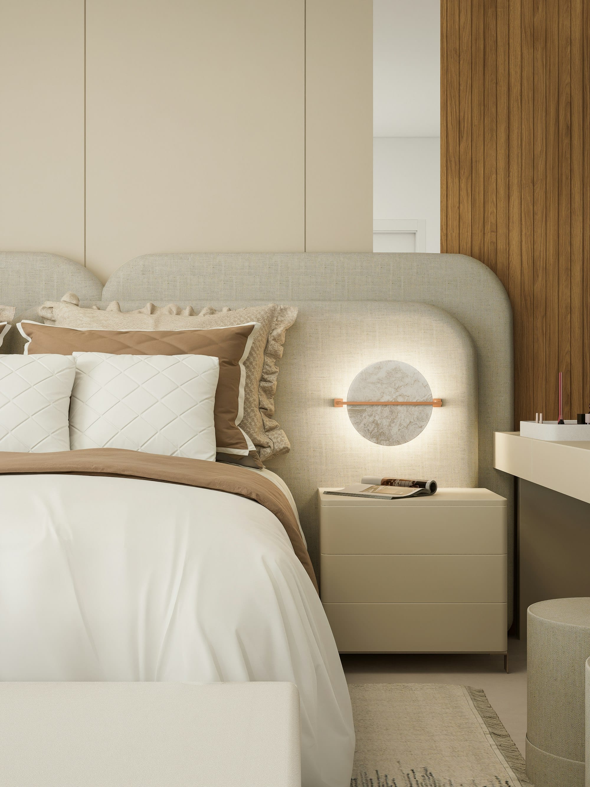 Chambre d'hôtel, linge et mobilier contemporain